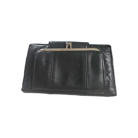 Vintage Black Leather Wallet Clutch Kiss Clasp - Picture 3 of 6
